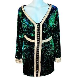 Curvy Plus! Fashion Nova Sequin Party Dress Size 1X Green Blue Long Sleeve